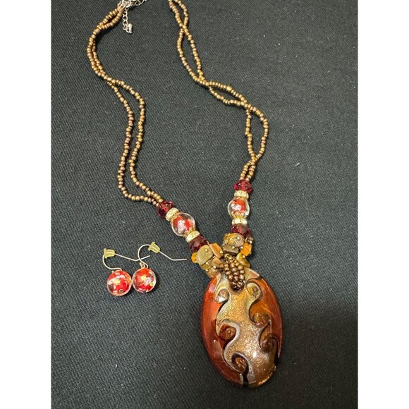 Handcrafted Bohemian Necklace & Earrings Set With Glass Beads Art Glass - Picture 1 of 9
